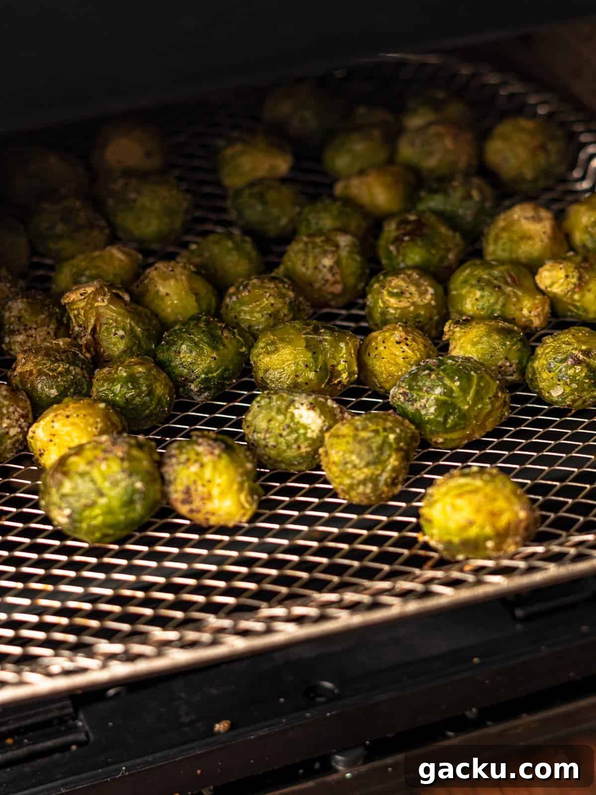 Crispy Air Fryer Frozen Brussels Sprouts Recipe 5 Air fryer tray of brussels sprouts.