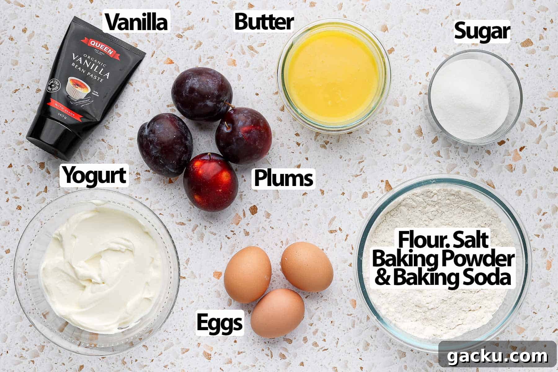 Ingredients on a white surface.
