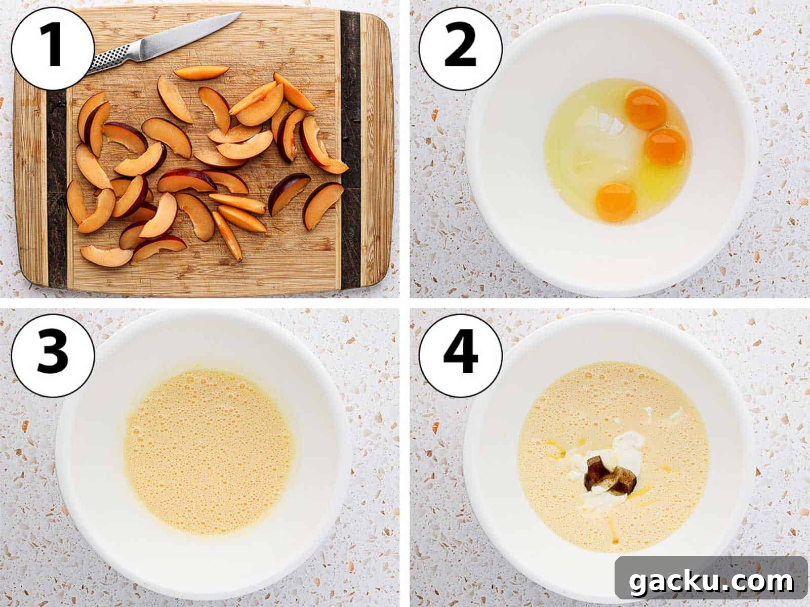 Process Shot Collage: slicing the plums and mixing the wet ingredients.