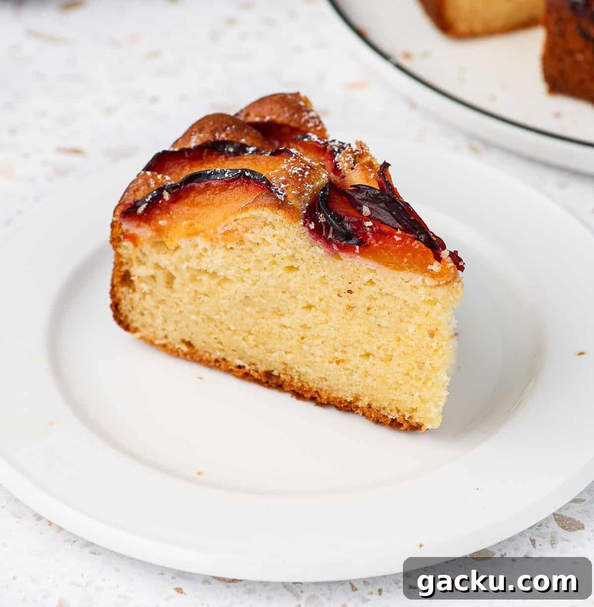One slice of cake on a small white plate.