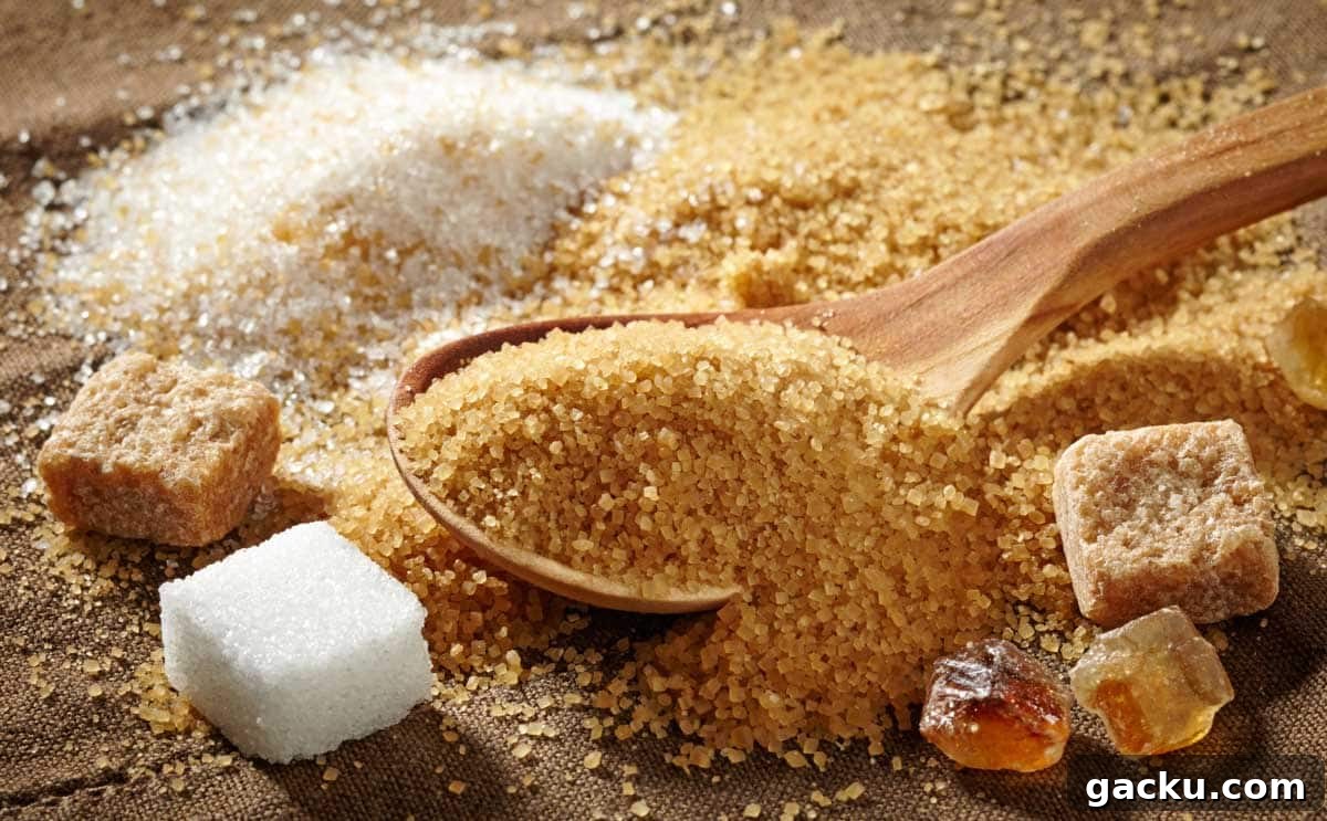 A wooden spoon with brown sugar surrounded by assorted sugar types, including white granulated, brown cubes, and rock sugar, on a textured surface.