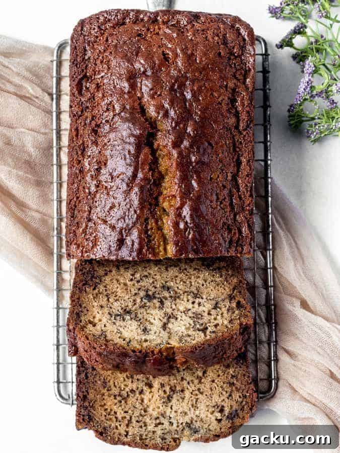 Moist banana bread freshly baked and ready to serve.