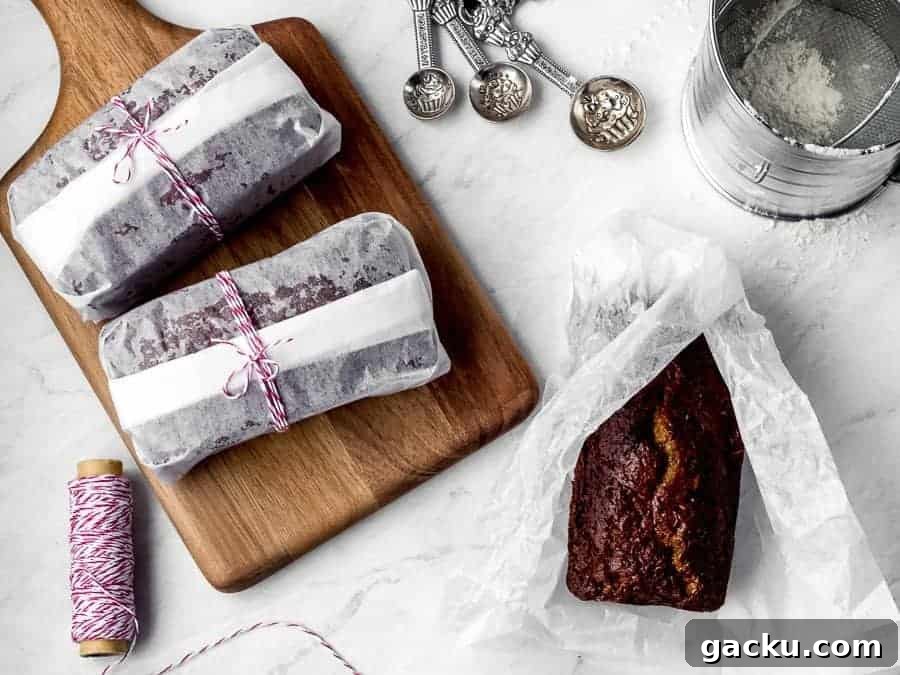 Packaged mini banana bread loaves ready to share with friends.