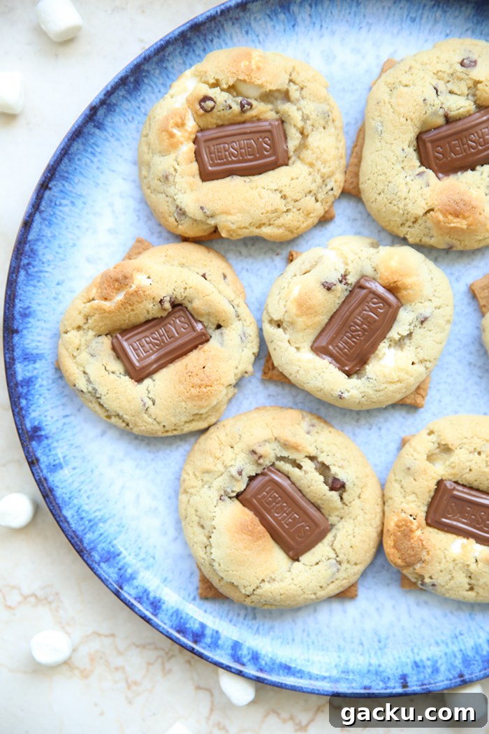 A dinner plate filled with S'more chocolate chip cookies with mini marshmallows scattered around the plate.