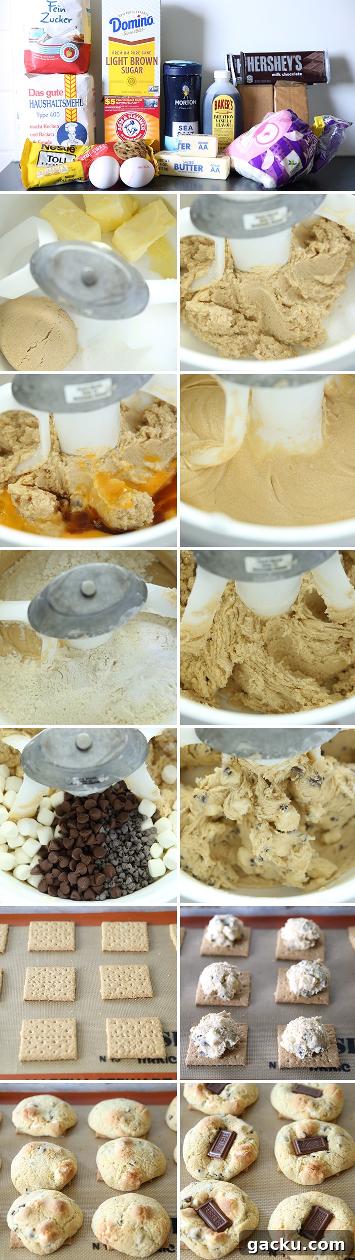 13-photo picture collage of step-by-step photos of how to make S'more Chocolate Chip Cookies