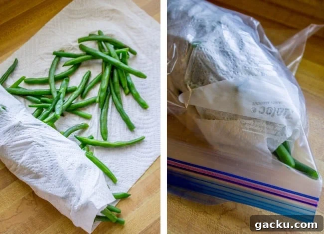 Drying blanched green beans drying blanched green beans with a paper towel, storing them in a plastic bag.