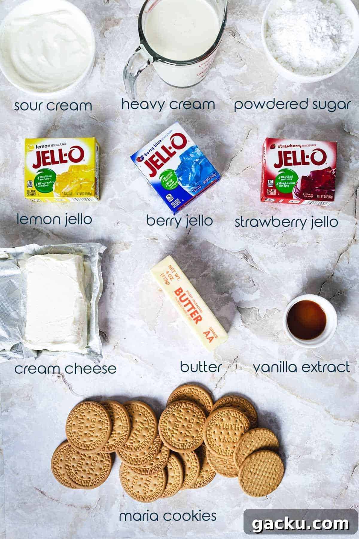 Ingredients for no-bake jello patriotic cheesecake.