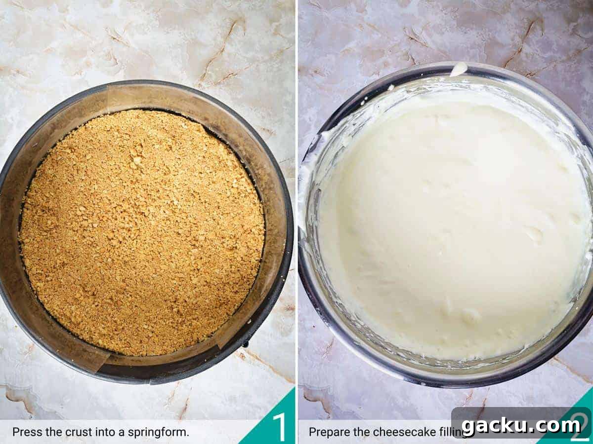 Two-image photo of the crust and cheesecake layer.
