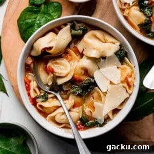 A bowl with tortellini and wilted spinach in a tomato broth garnished with parmesan cheese.