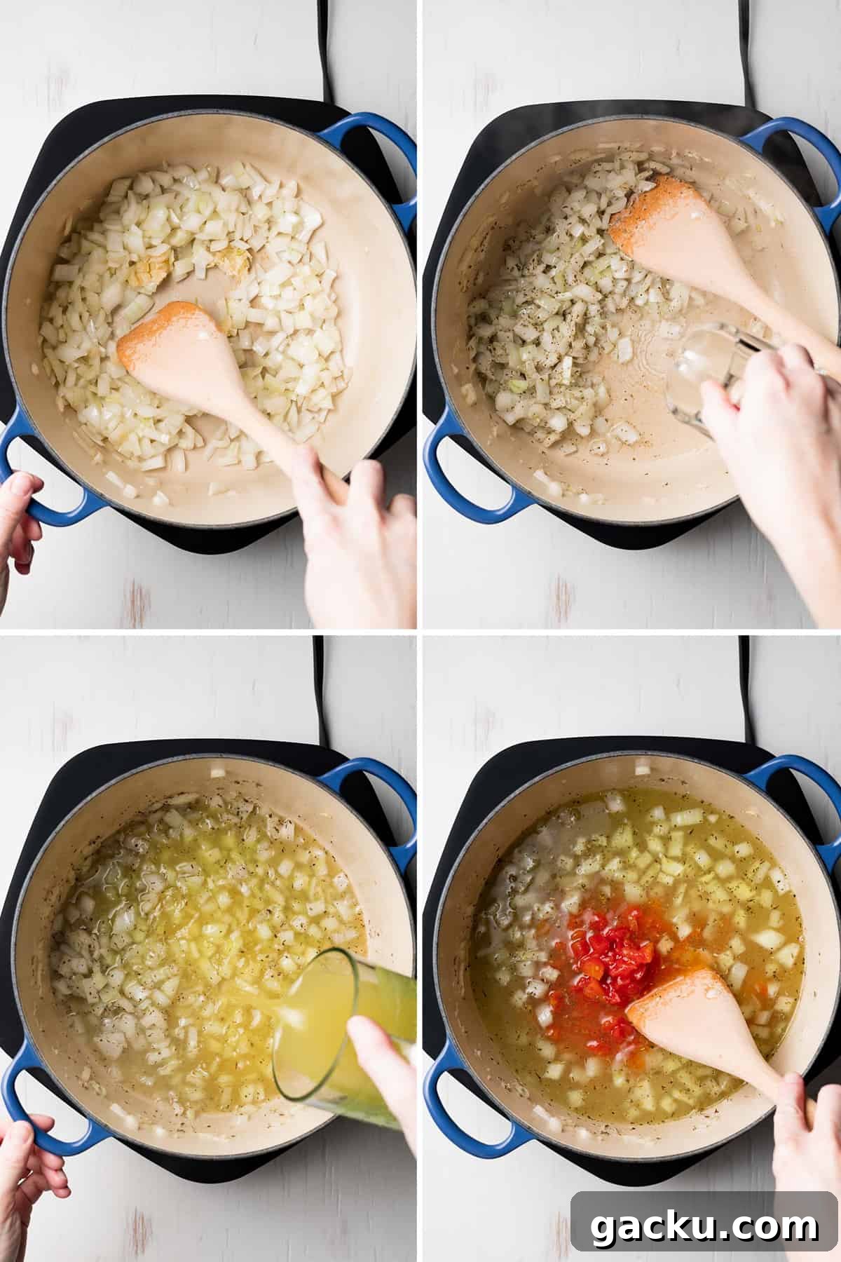 Sauteeing onions in pot, adding chicken broth, and canned tomatoes.