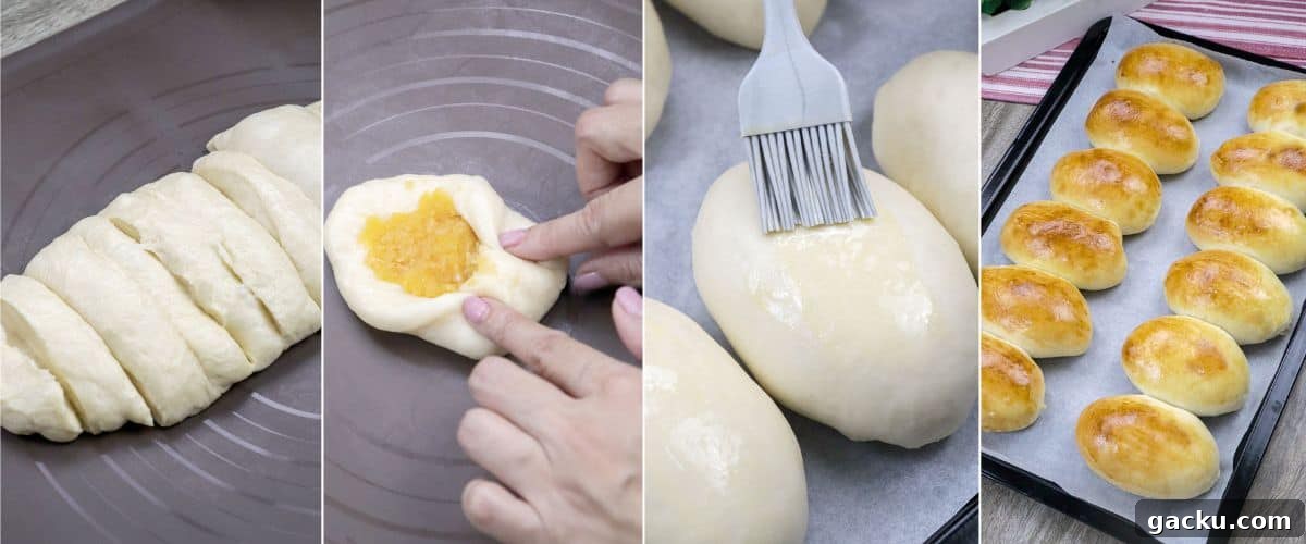 Yema Bread Rolls Recipe — Soft Filipino Custard-Filled Buns 6 assembling and baking bread rolls with custard filling.