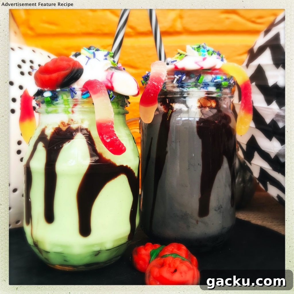 halloween milkshakes - green and black milkshakes in kilner jars topped with whipped cream, halloween sprinkles, jelly sweets and jelly worms.
