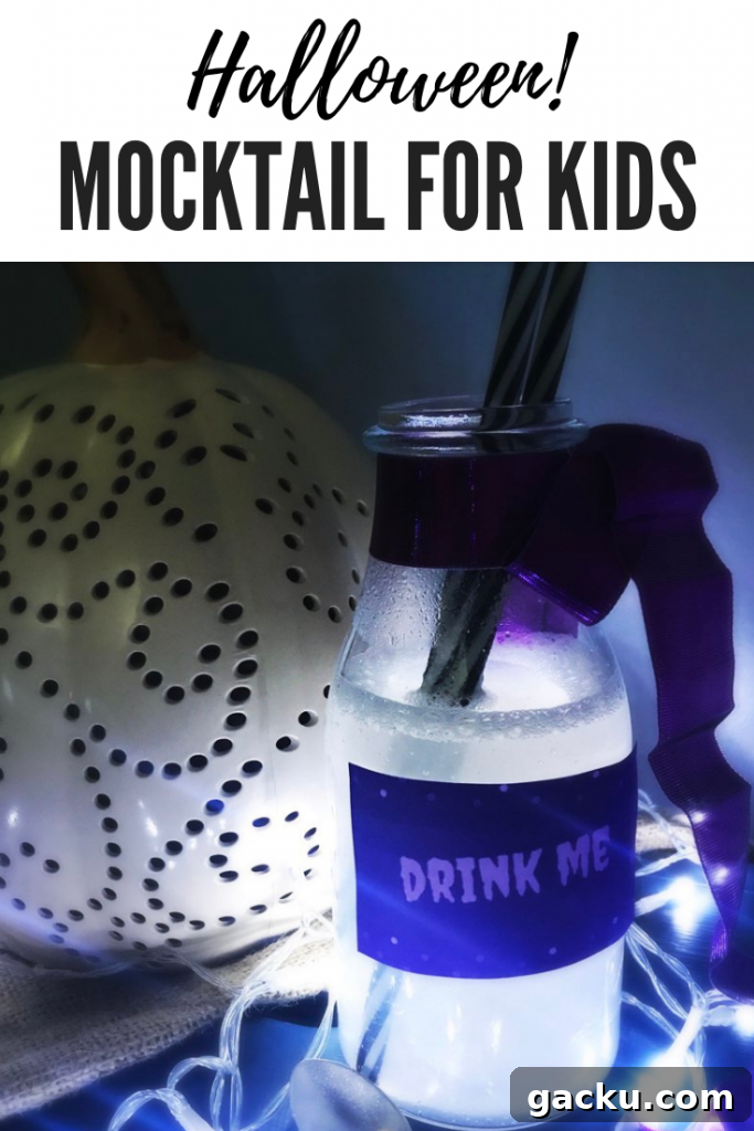 Halloween mocktail recipe for kids - silver sparkly shining drink served bottles with drink me stickers on the side.