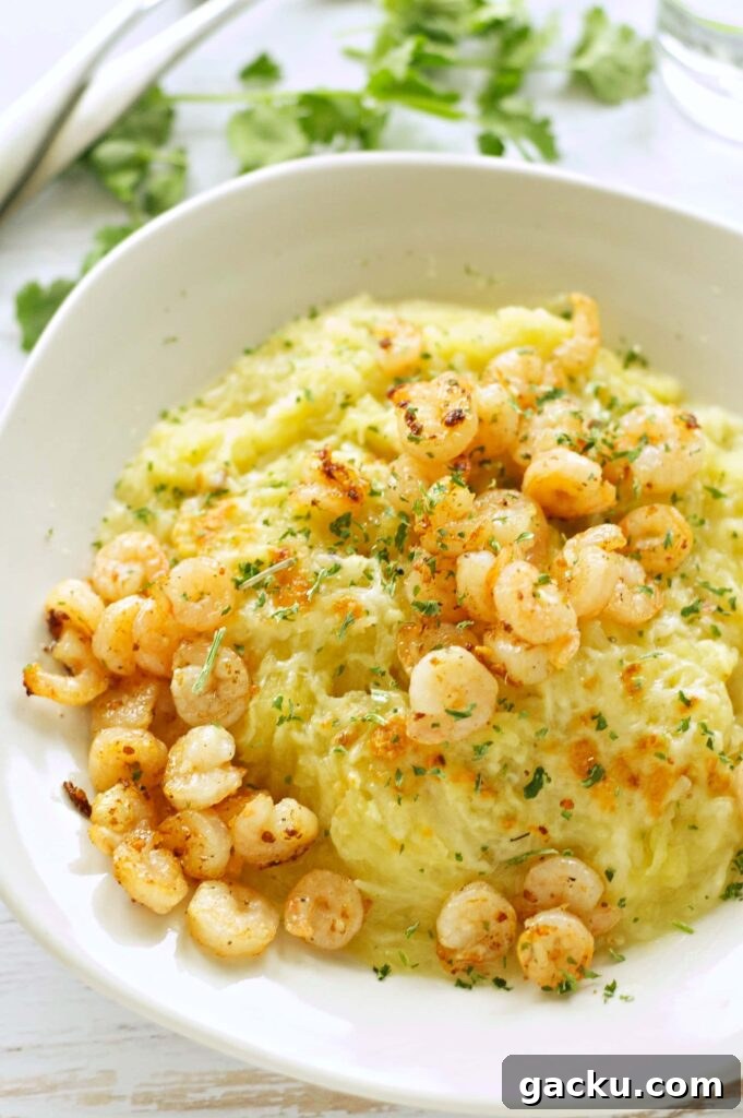 Slow Cooker Spaghetti Squash with shrimp in white bowl