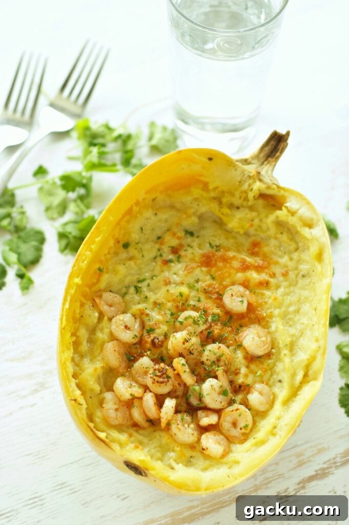 Slow Cooker Spaghetti Squash with shrimp in squash cavity