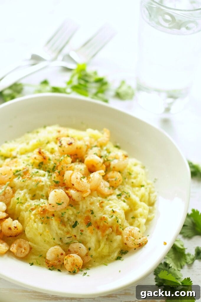 Slow Cooker Spaghetti Squash with shrimp in white bowl