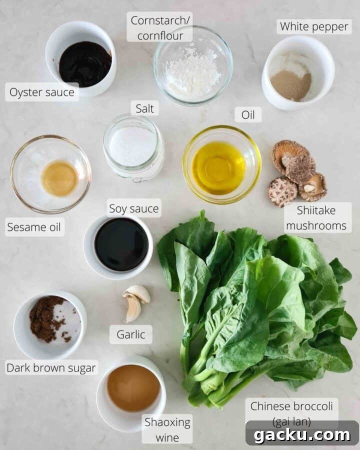 Chinese Broccoli Stir-Fry with Oyster Sauce and Shiitake Mushrooms 3 Overhead shot of all ingredients required for this dish