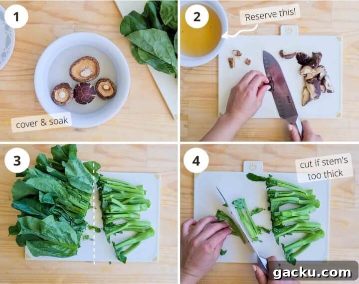 Chinese Broccoli Stir-Fry with Oyster Sauce and Shiitake Mushrooms 4 Step by step of how to prepare dried mushrooms and Chinese broccoli (gai lan)