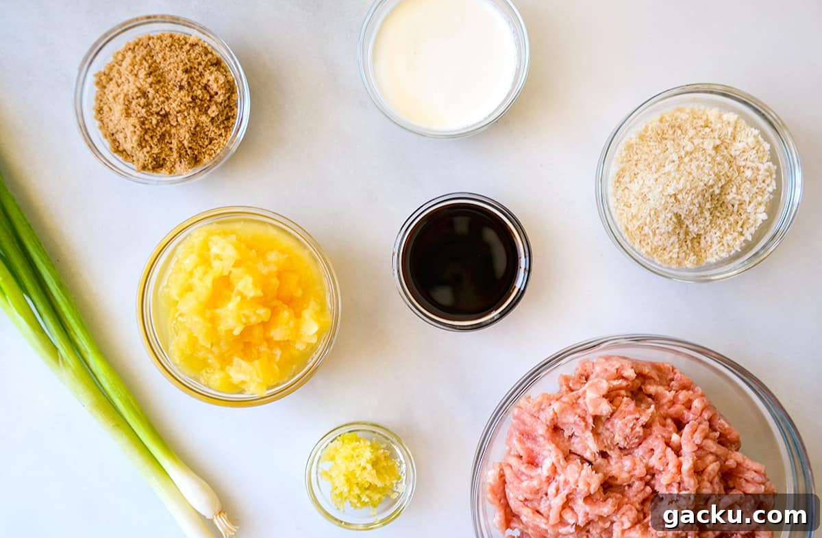 Small glass bowls containing ground chicken, panko breadcrumbs, minced garlic, soy sauce, crushed pineapple, brown sugar and milk. Two scallions sit beside the bowls.