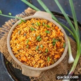 A bowl of Schezwan Fried Rice garnished with chopped green onions sits on burlap, with fresh spring onions beside it, all set on a dark rustic surface.