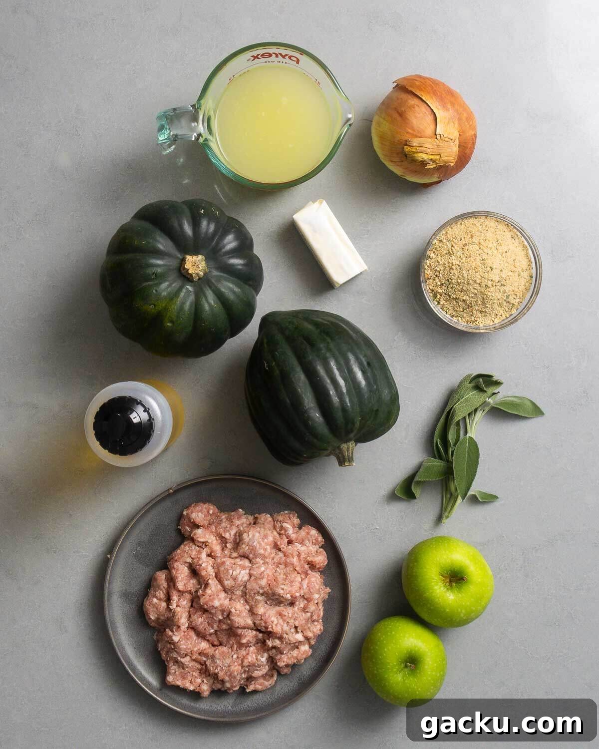 Ingredients shown: chicken stock, onion, acorn squash, butter, breadcrumbs, olive oil, sage, bulk Italian sausage, and apples.