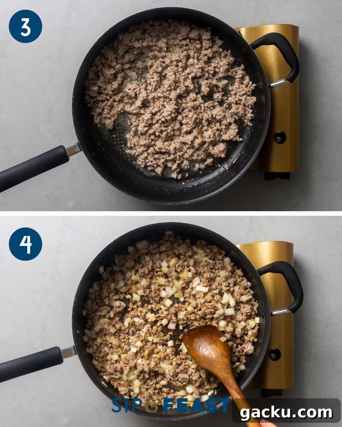 Recipe collage two showing sauteing of sausage with onions.