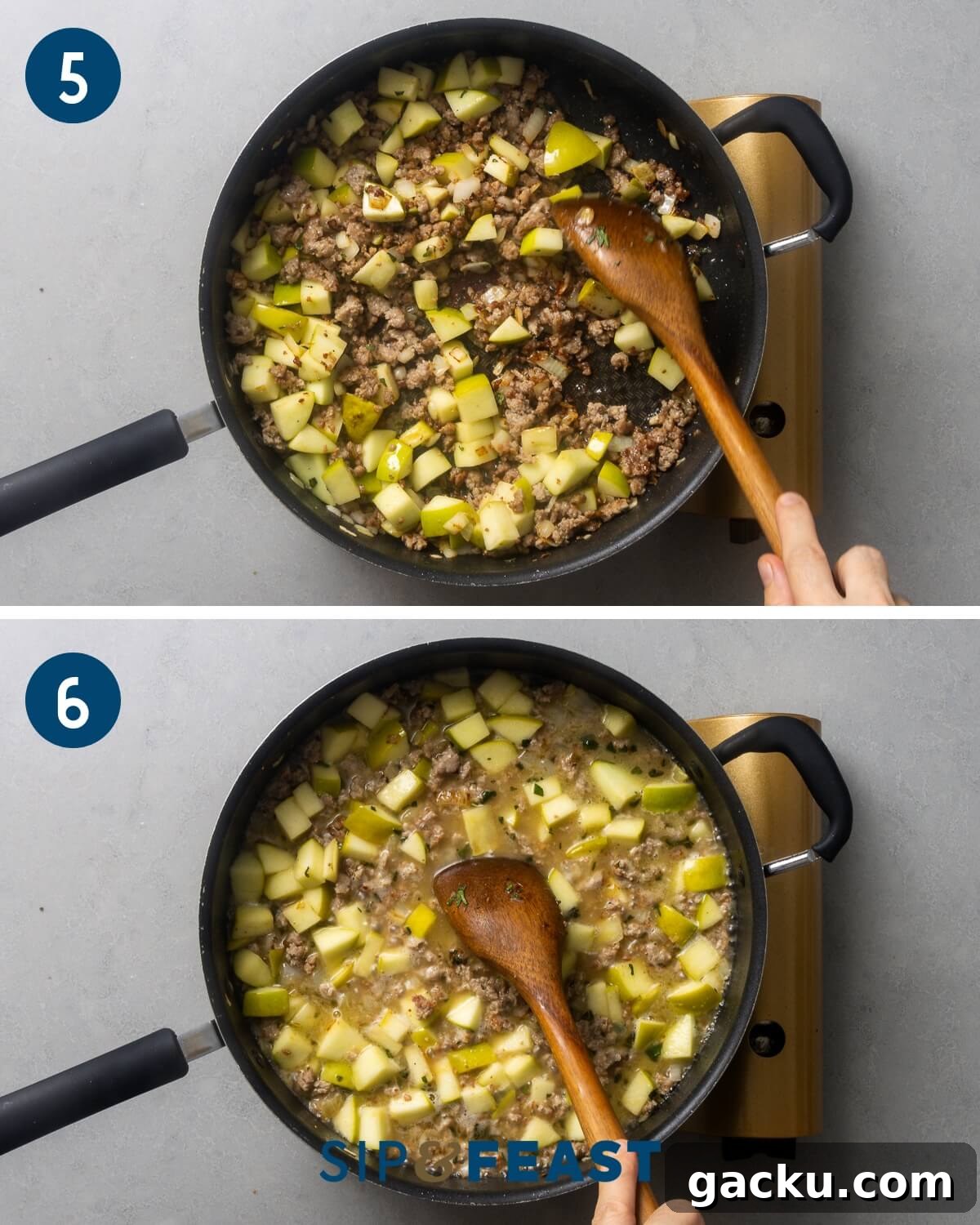 Recipe collage three showing sauteing of sausage with apples and adding chicken stock to the pan.