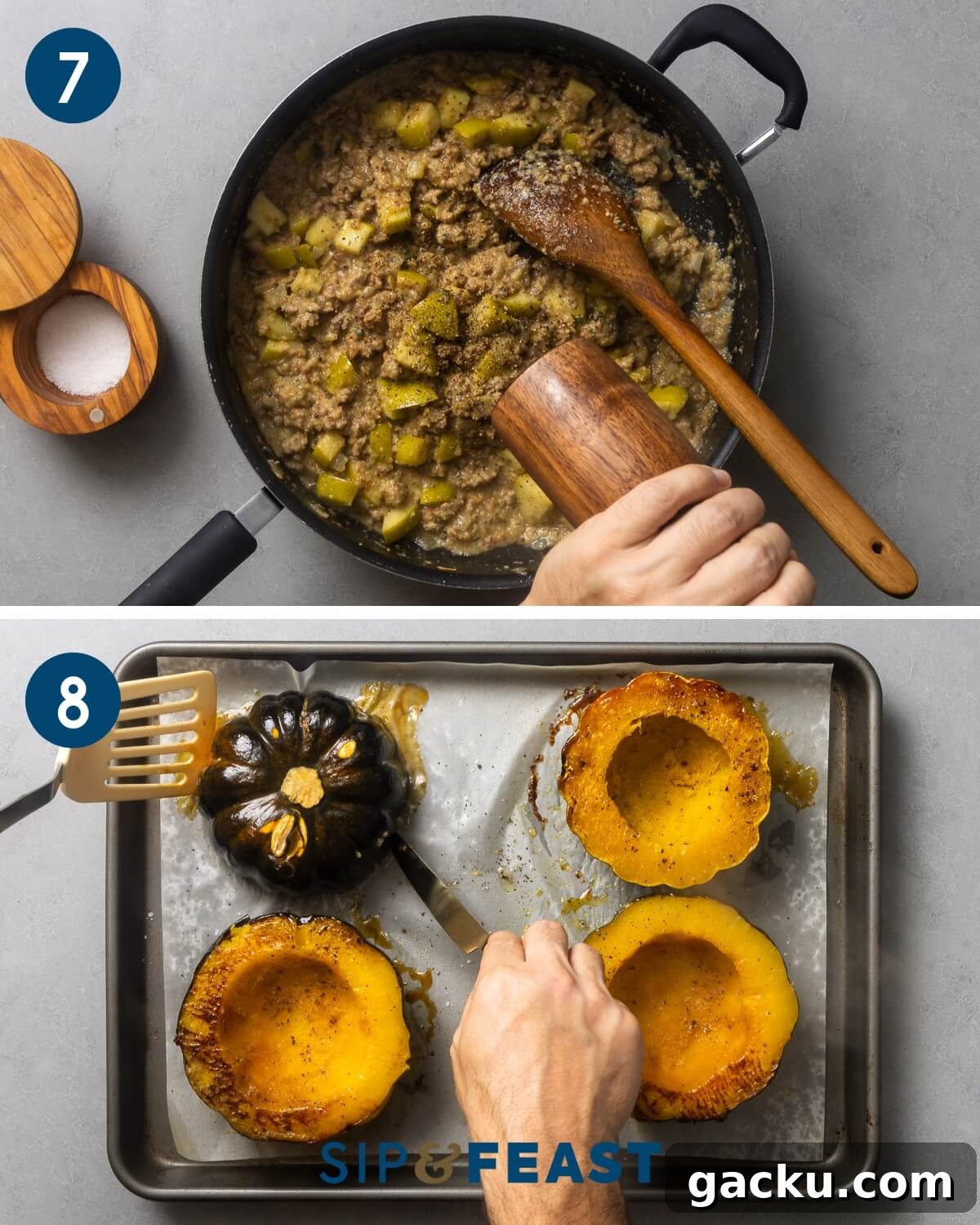 Recipe collage four showing seasoning the stuffing and flipping the baked acorin squash halves over with spatula.