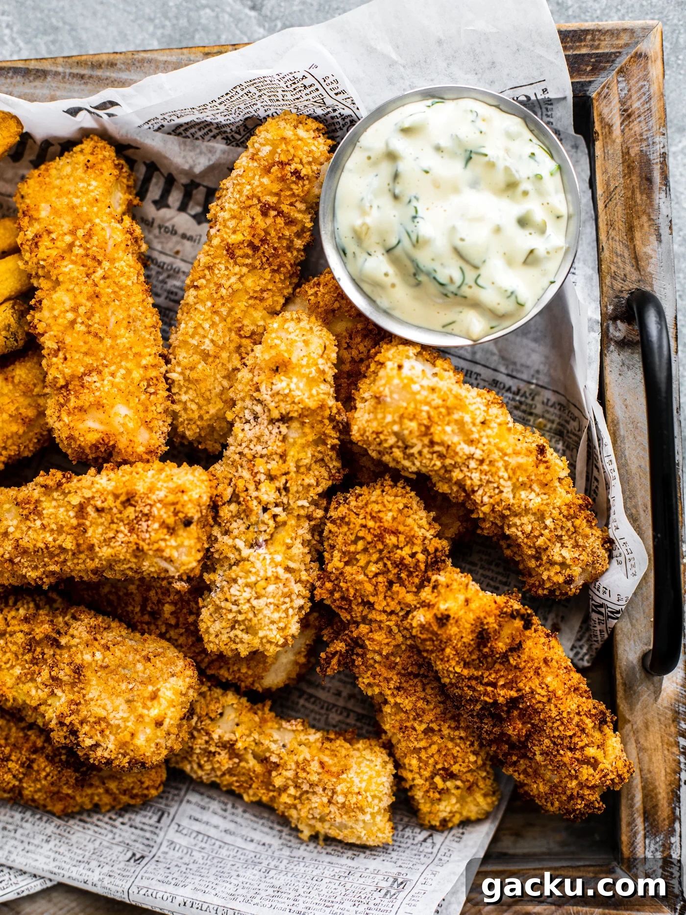Breaded fish sticks on a serving platter with fries and lemon wedges.