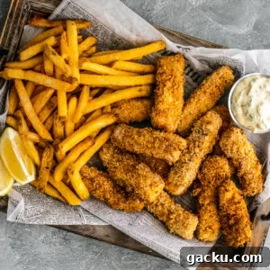 Wooden platter covered in newspaper topped with crispy fish sticks, fries, and tartar sauce.