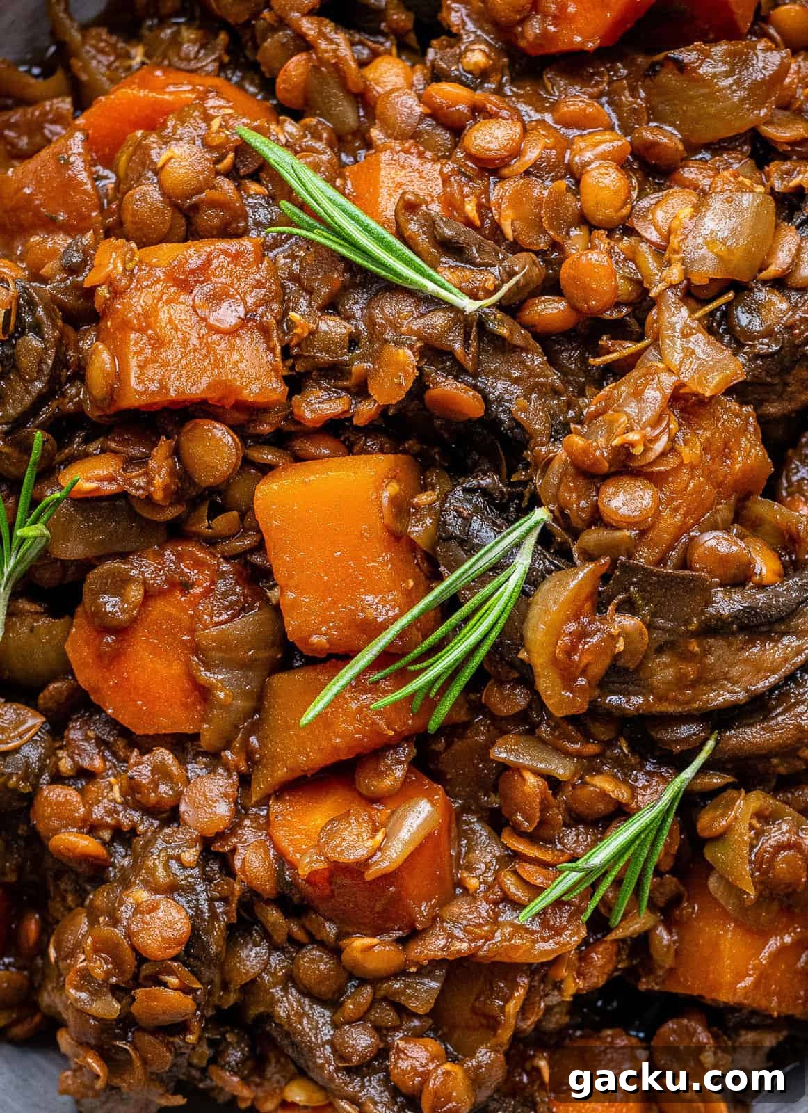 Comforting Vegan Lentil and Root Vegetable Stew 10 Close up on vegan stew with mushrooms lentils, carrots and squash