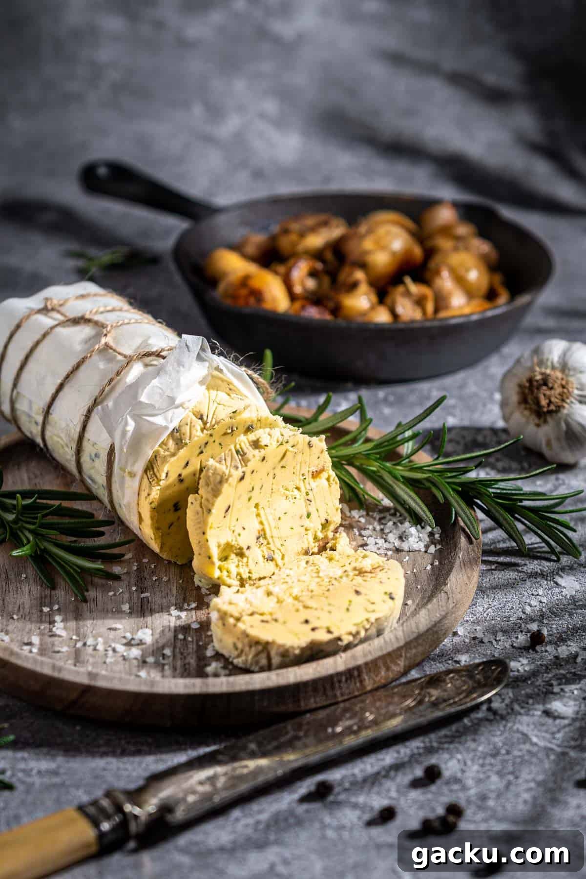 Roasted Garlic Butter Recipe for Homemade Bread, Steak & Veggies 2 Roasted garlic butter in a sausage shape in a wooden plate.