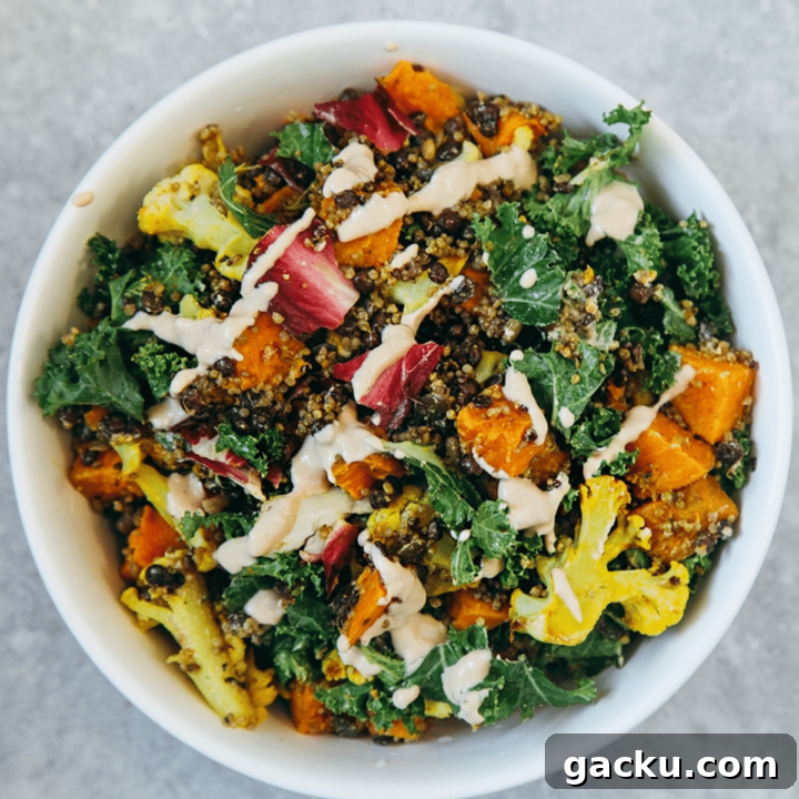 High Protein Vegan Salad with Squash Cauliflower Lentils and Tahini Dressing