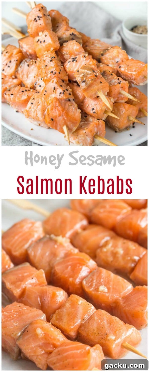 Quick and easy dinner recipe in less than 30 minutes: honey sesame salmon kebabs.