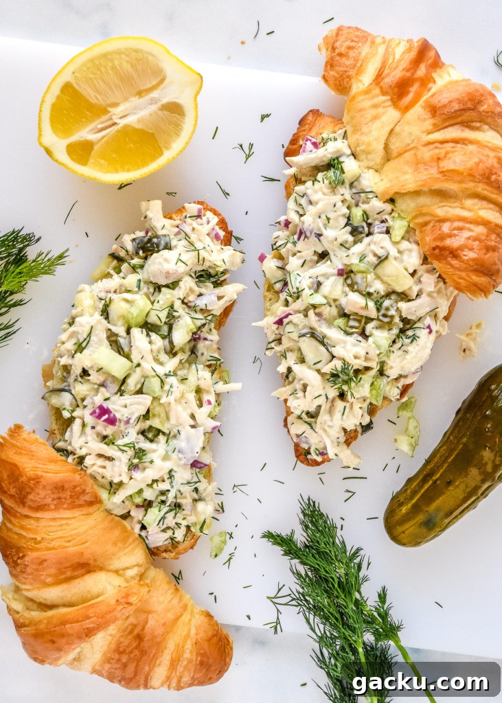 Dill Pickle Chicken Salad Recipe with Crunchy Celery & Herbs 10 two croissants with dill pickle chicken salad on top.