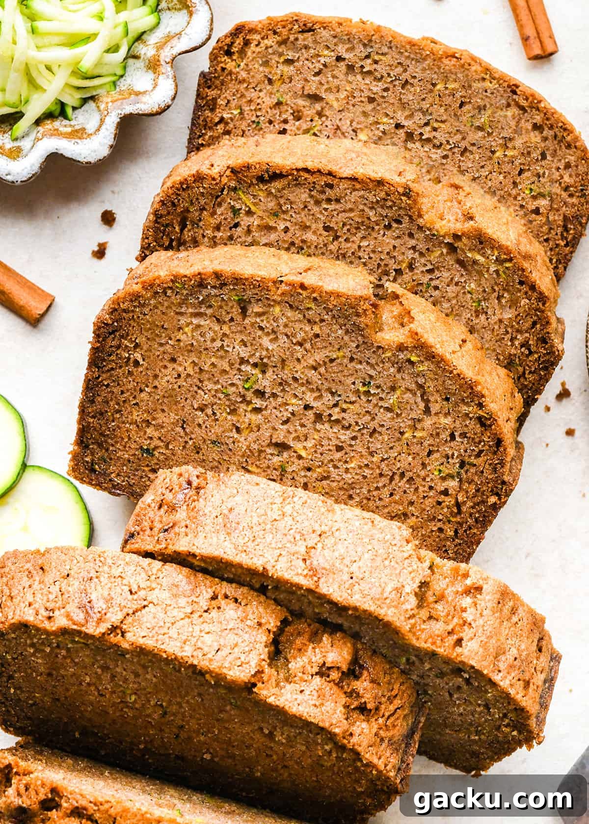 Moist, tender zucchini bread with a lovely crumb and warm cinnamon flavor. 5 slices of Zucchini Bread