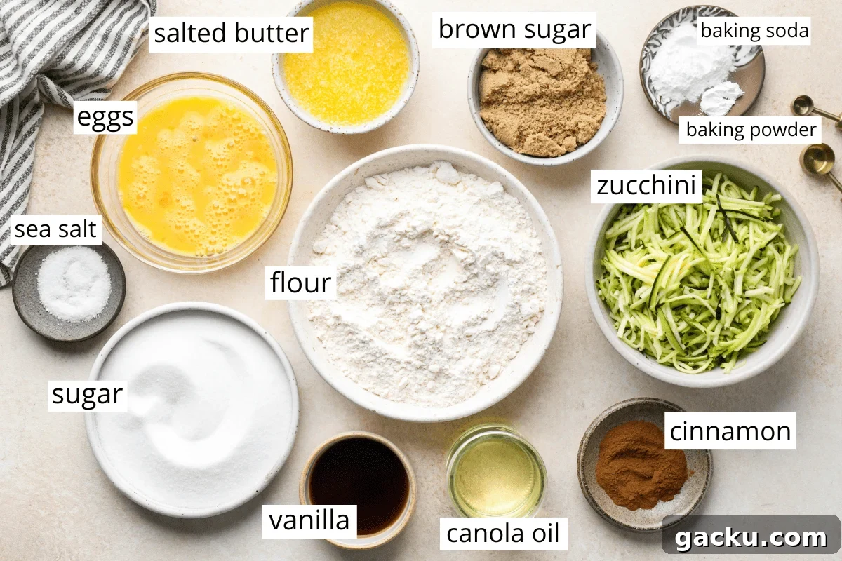 Ingredients for the best zucchini bread overhead view of the labeled ingredients in this zucchini bread recipe