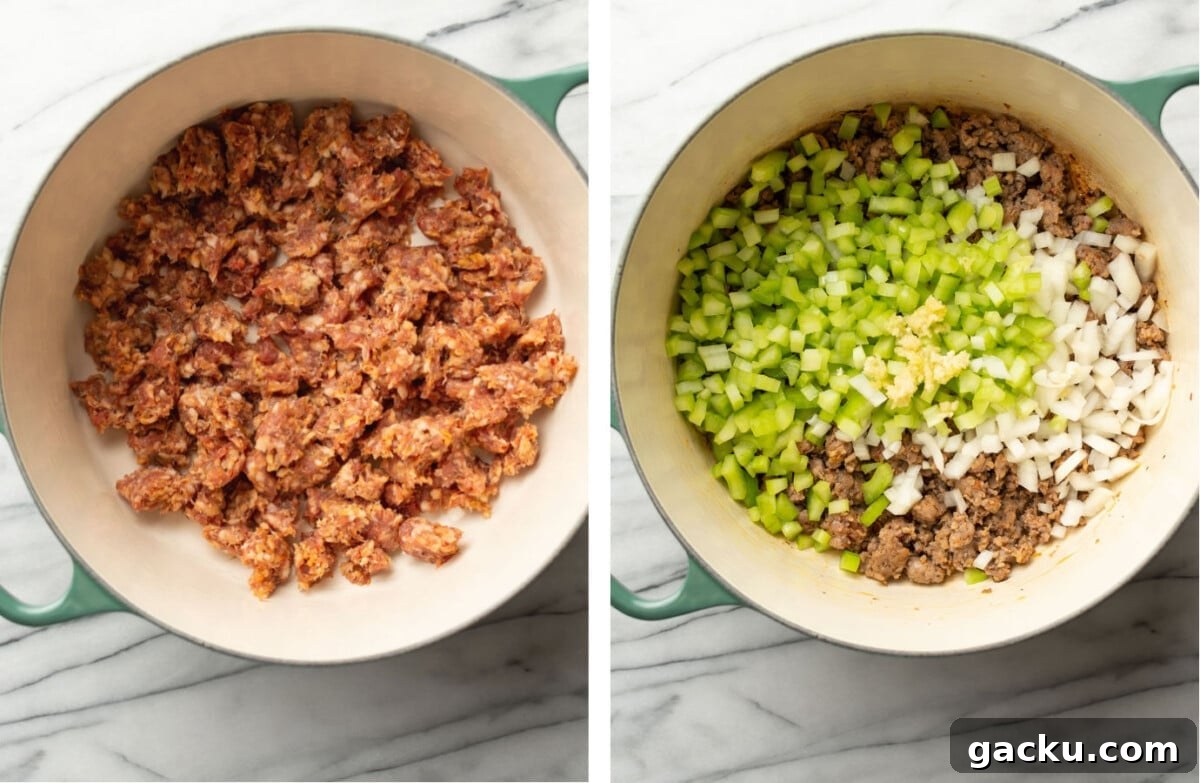 sauteing italian sausage in a pot and adding in onions, garlic, and celery