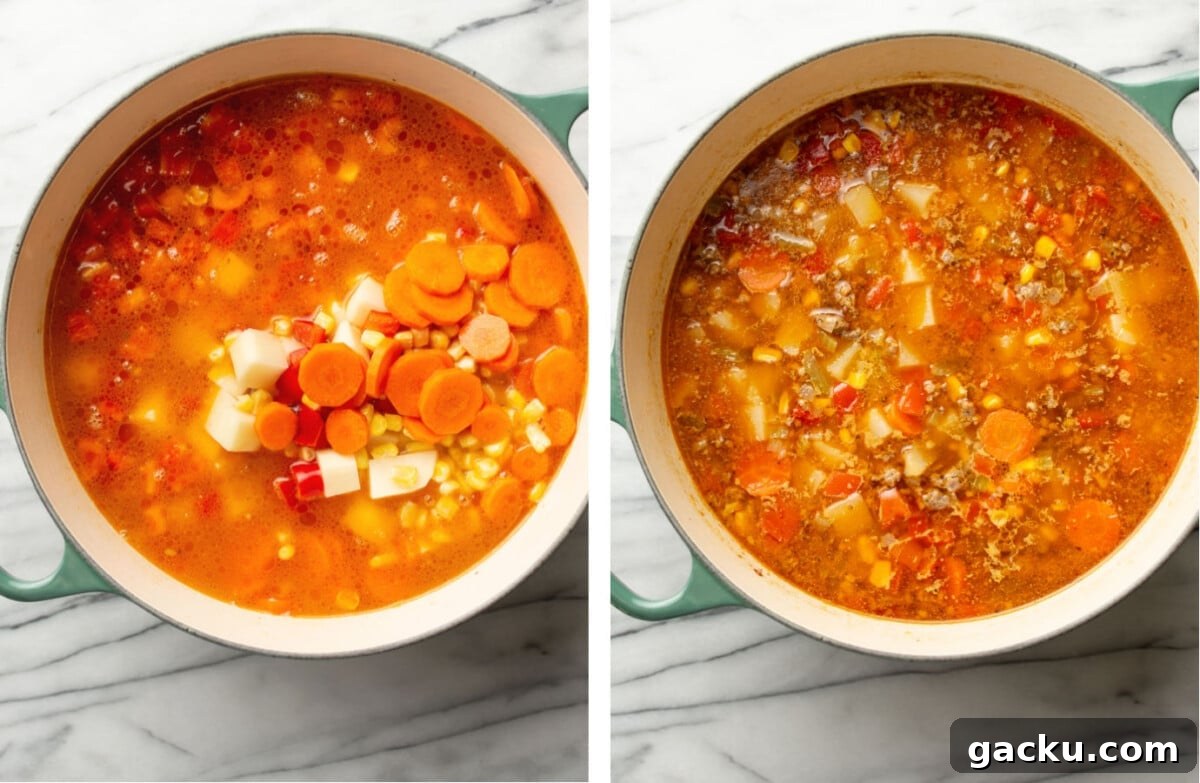 a pot of sausage and vegetable soup before and after cooking