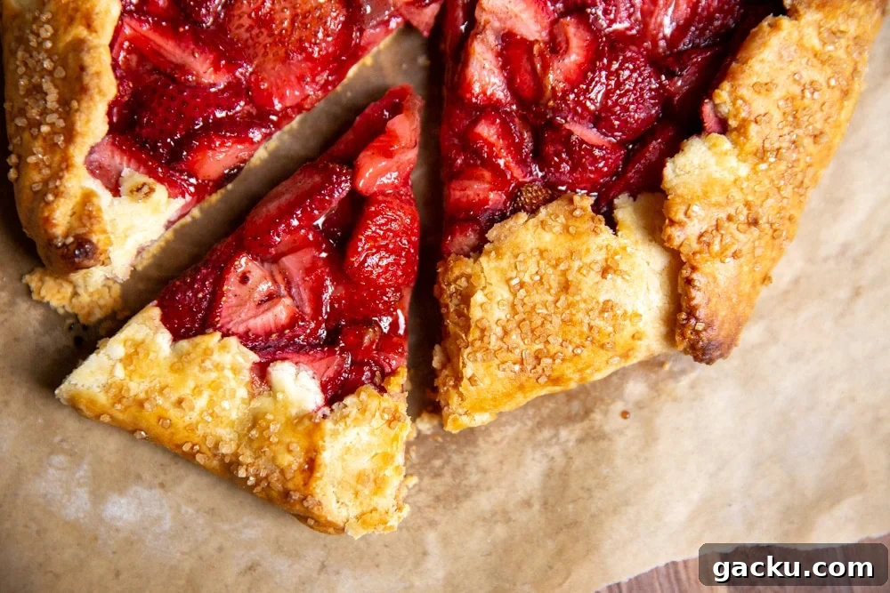 A strawberry galette on a wooden serving board.