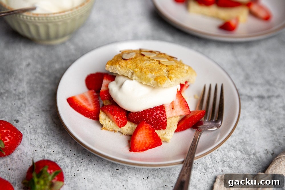 Gluten free strawberry shortcake on a plate with a fork.