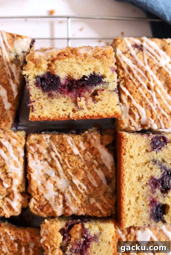 Blueberry Sour Cream Coffee Cake Recipe — Moist, Tender Slice 2 blueberry sour cream coffee cake sliced
