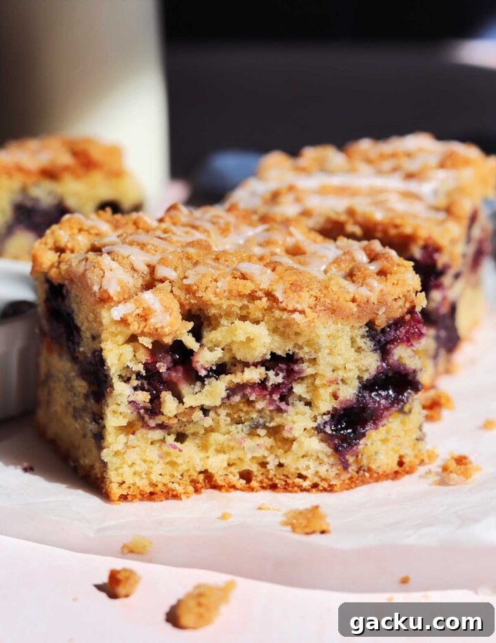 Blueberry Sour Cream Coffee Cake Recipe — Moist, Tender Slice 3 blueberry sour cream coffee cake with bite