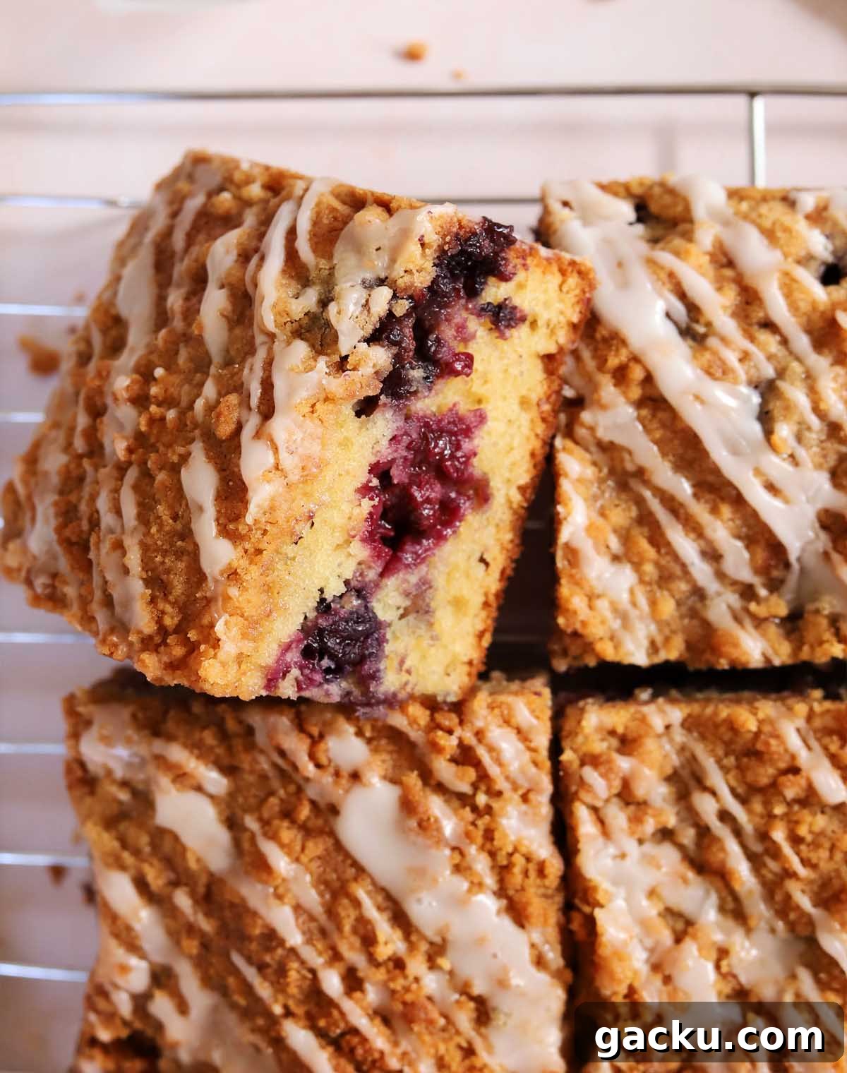 Blueberry Sour Cream Coffee Cake Recipe — Moist, Tender Slice 9 blueberry sour cream coffee cake sliced on cooling rack