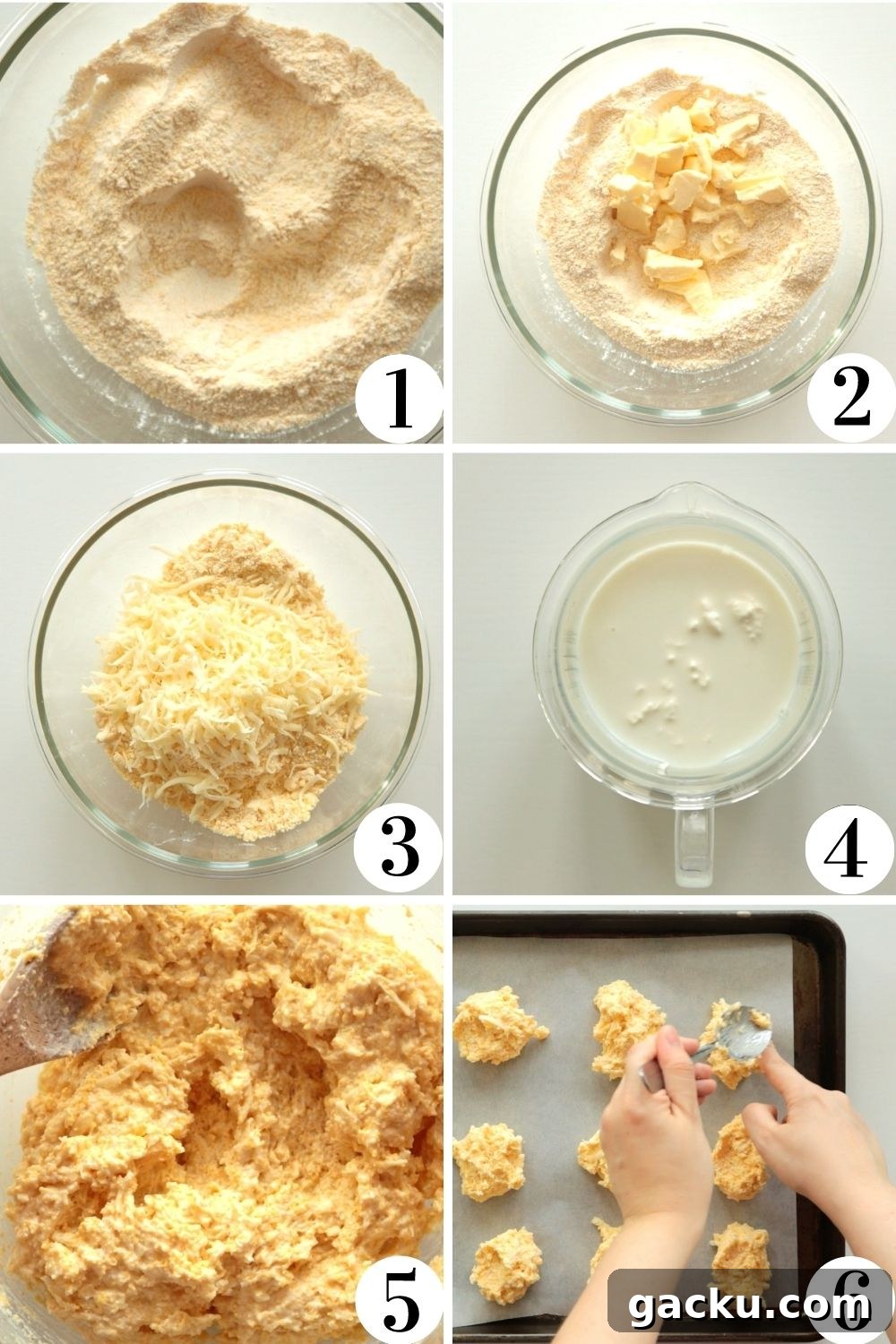 Cornmeal Drop Biscuits Without Buttermilk — Quick Southern Recipe 4 Collage of the 6 steps to make this recipe.