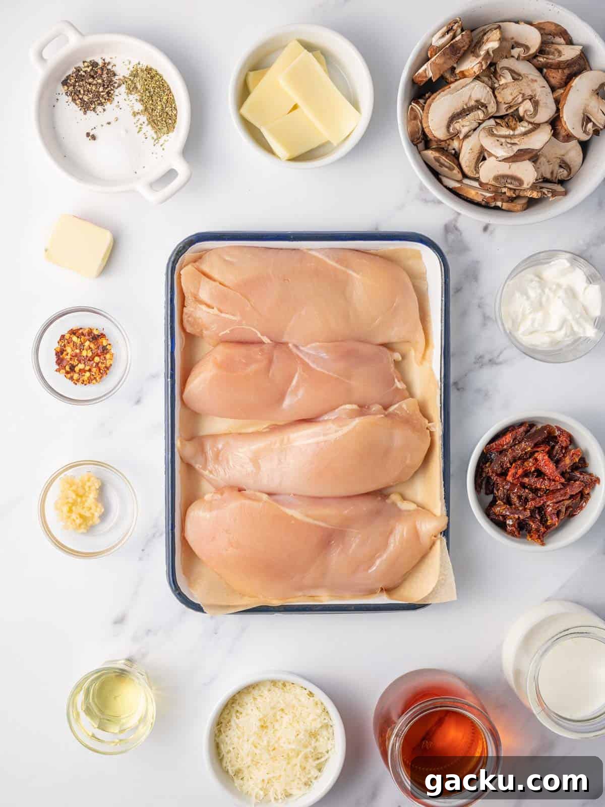 Ingredients needed for chicken marsala stuffed chicken.