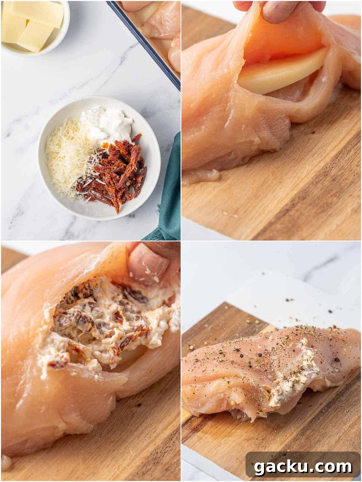 Step by step photos for how to stuff chicken breast.