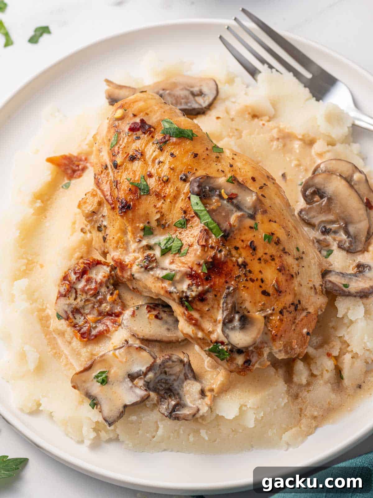 Sundried tomato filling oozes out of the chicken marsala.