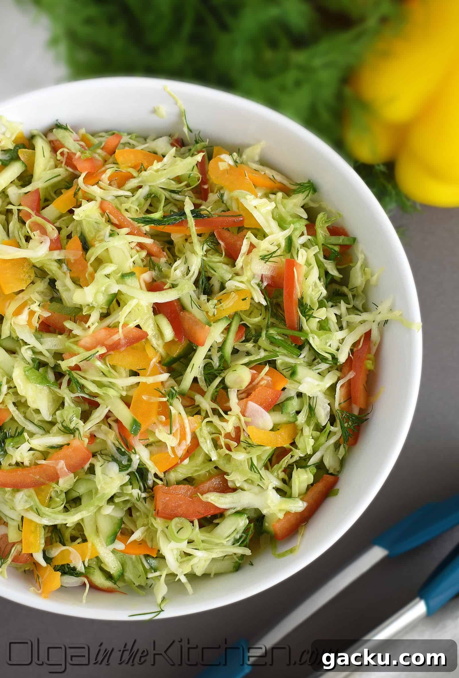 Crisp Cabbage and Bell Pepper Salad with Tangy Dressing 2 Cabbage Pepper Salad: easy to make, simple ingredients, very healthy and super delicious! | olgainthekitchen.com