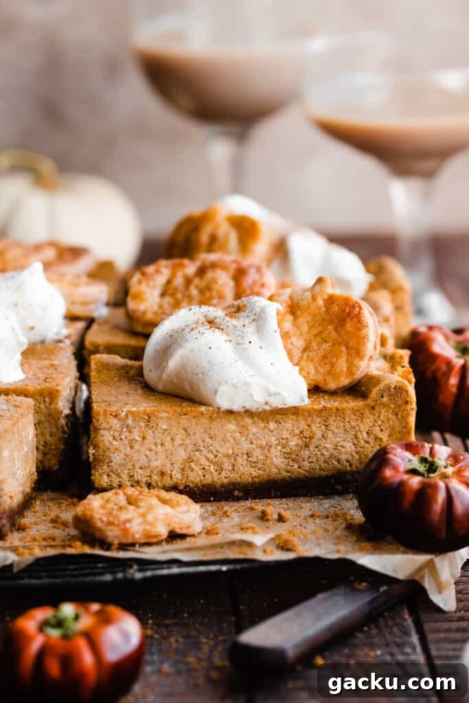 Irish Cream Pumpkin Cheesecake Bars Recipe for Fall Desserts 2 A close-up of a pumpkin cheesecake bar with creamy texture and whipped cream on top.